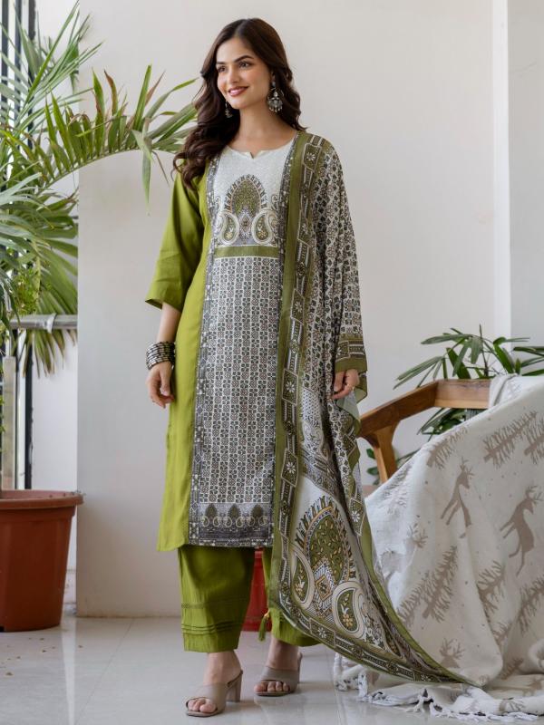 VP 9910 M Women’s Printed Shifli Work Straight Kurta Pent Dupatta Sets | 3pcs Ethnic Set